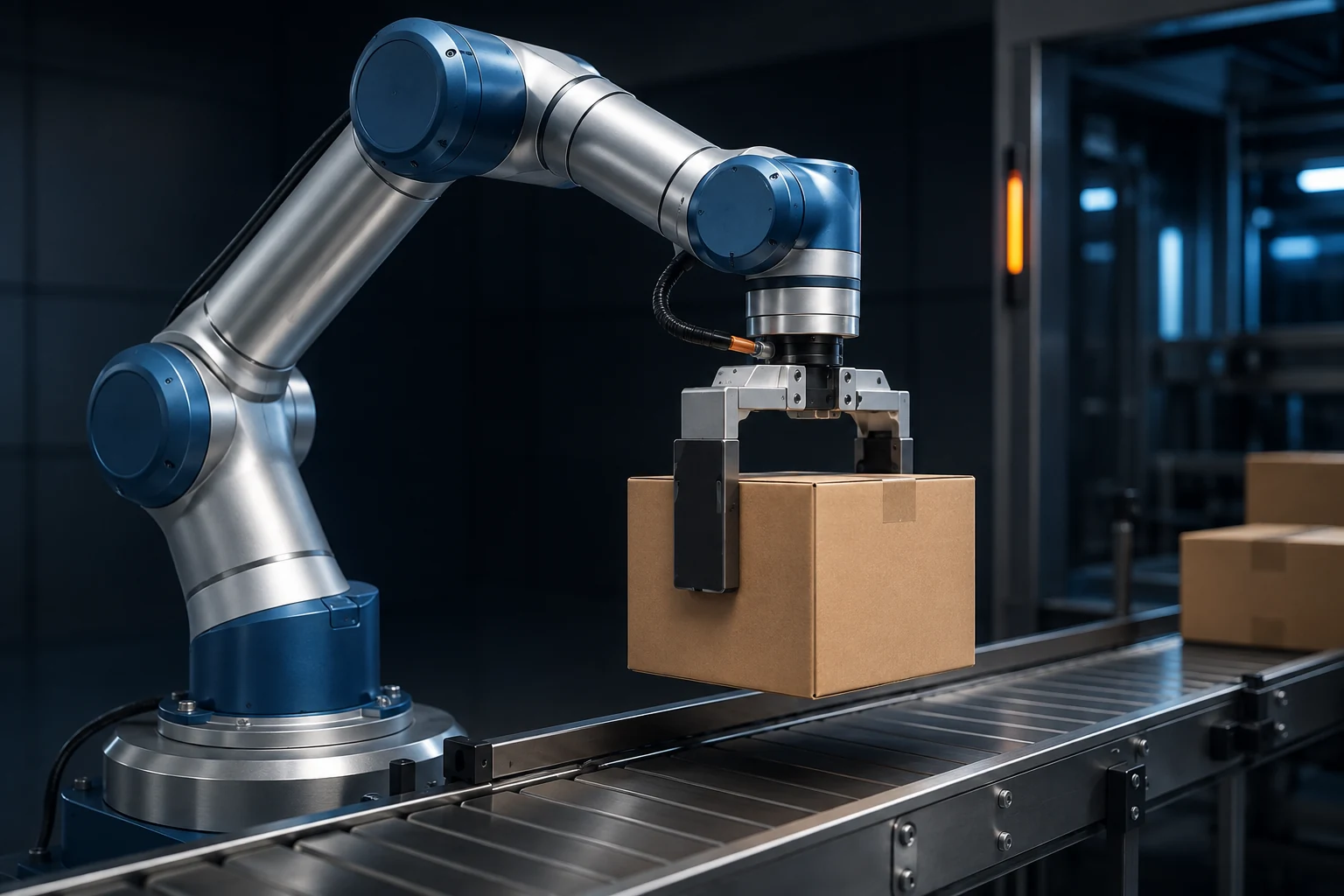 ภาพแนวคิดแขนกล Cobot กำลังหยิบกล่องบนสายพาน